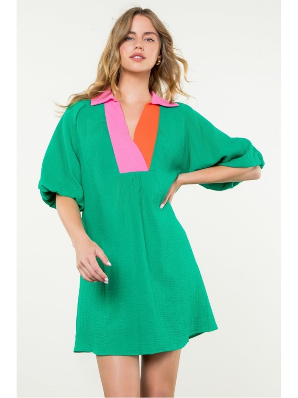 THML Green Contrast Collared V-Neck Puff Sleeve Dress - Picture 3 of 8